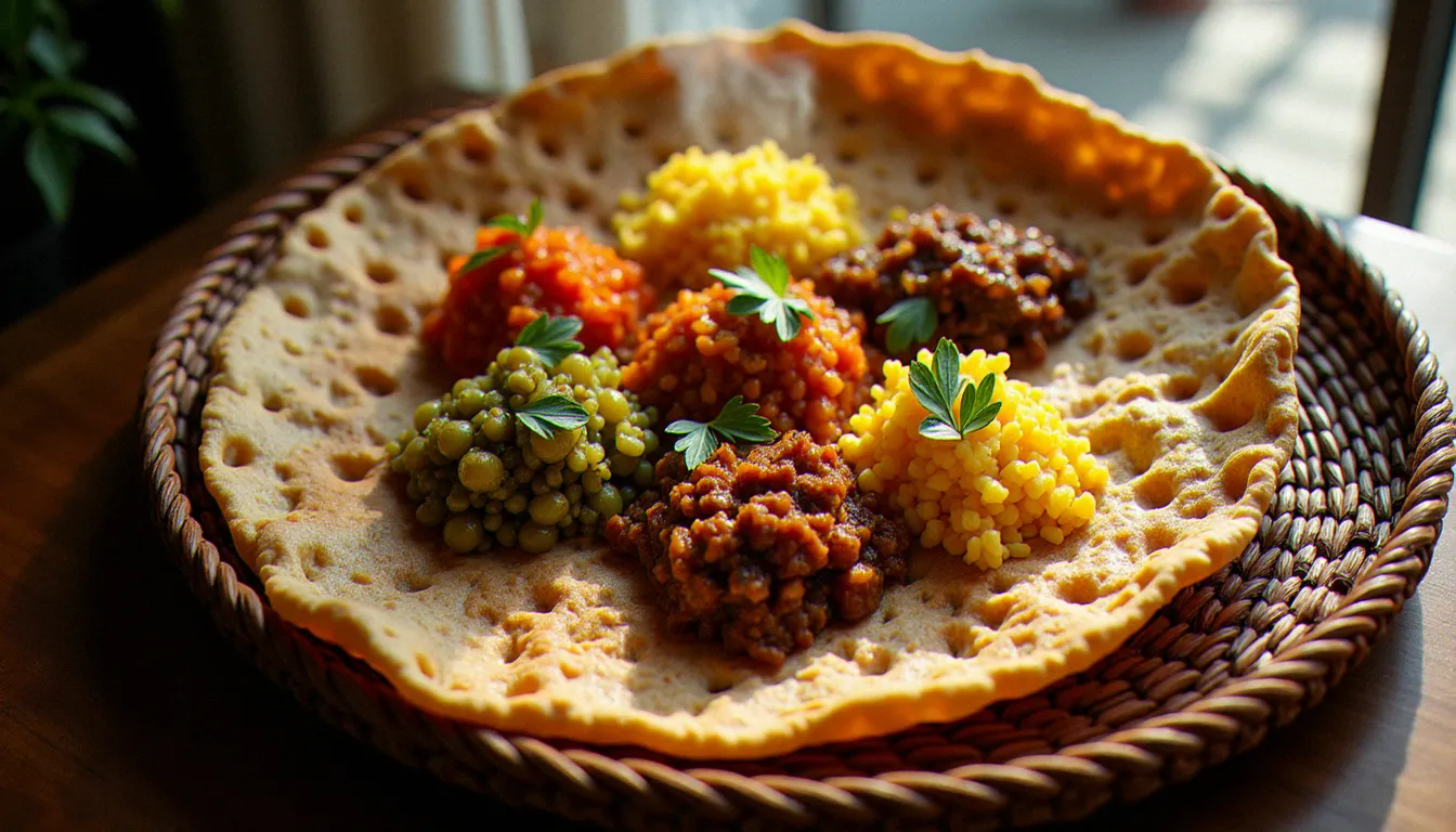 Plateau d'injera éthiopienne avec assortiment de wats colorés pour une livraison de cuisine éthiopienne authentique