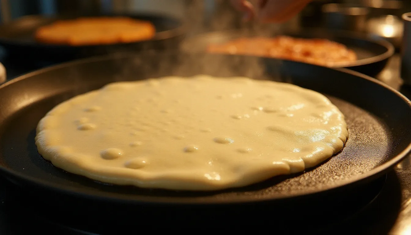 Cuisson d'une galette d'injera sur une grande plaque ronde dans une cuisine éthiopienne, avec les bulles caractéristiques se formant sur la surface du pain de teff