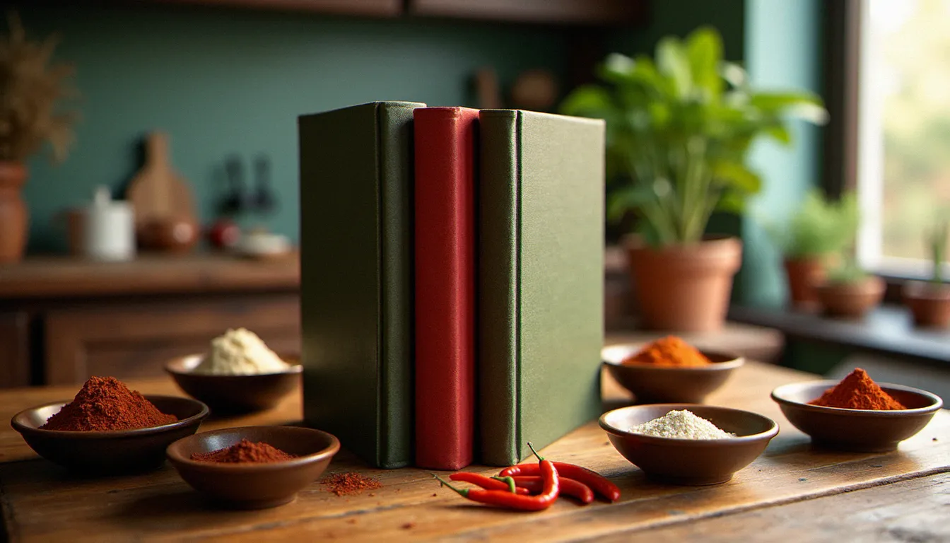 Livres de cuisine éthiopienne posés sur une table en bois avec des épices berbéré et de la farine de teff, illustrant un guide sur le livre cuisine éthiopienne