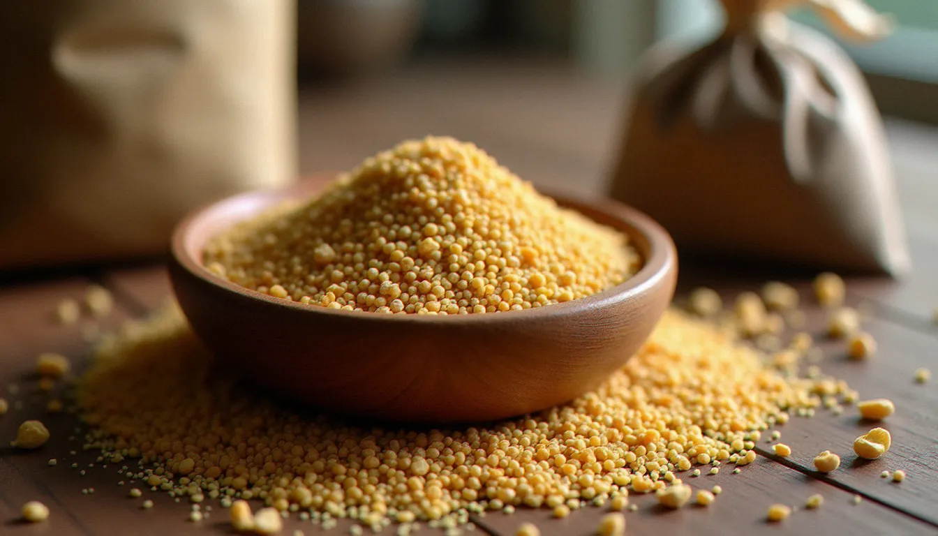 Grains de teff bruns dans un bol en bois, céréale de base du pain de la cuisine éthiopienne, avec de la farine de teff