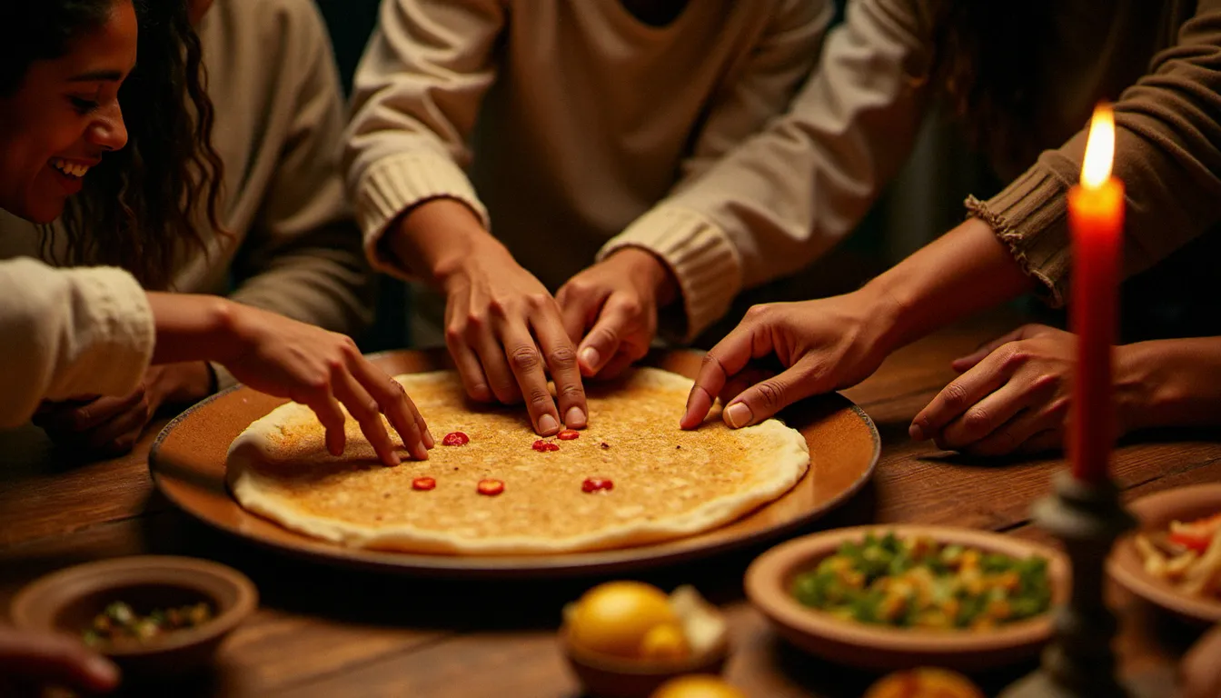 Famille éthiopienne partageant un repas communautaire autour d'une injera posée sur un plateau gebeta, illustrant le rituel du pain éthiopien