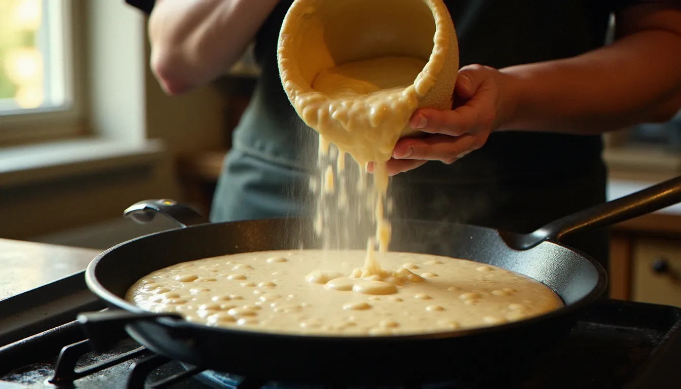 Préparation d'une injera éthiopienne à base de farine de teff versée dans une poêle chaude, montrant la technique de cuisson traditionnelle