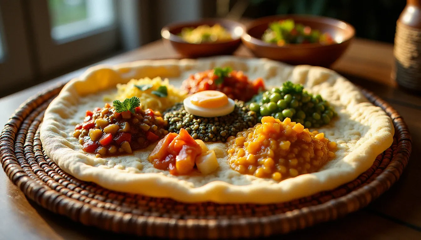 Assiette éthiopienne traditionnelle beyaynetu avec injera et plusieurs recettes de cuisine éthiopienne disposées en cercle sur un mesob tressé
