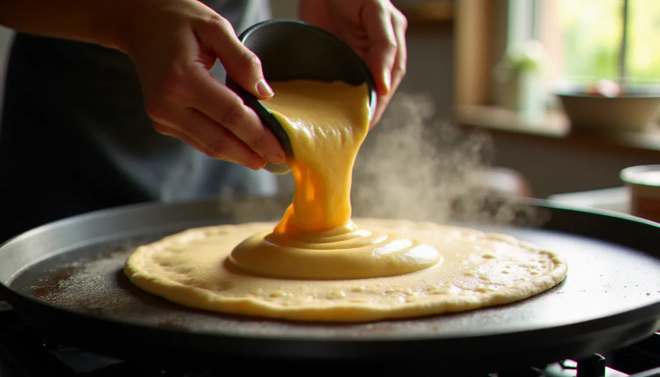 Préparation de l'injera éthiopienne sur une plaque de cuisson traditionnelle, versement en spirale de la pâte de teff fermentée avec formation de bulles caractéristiques