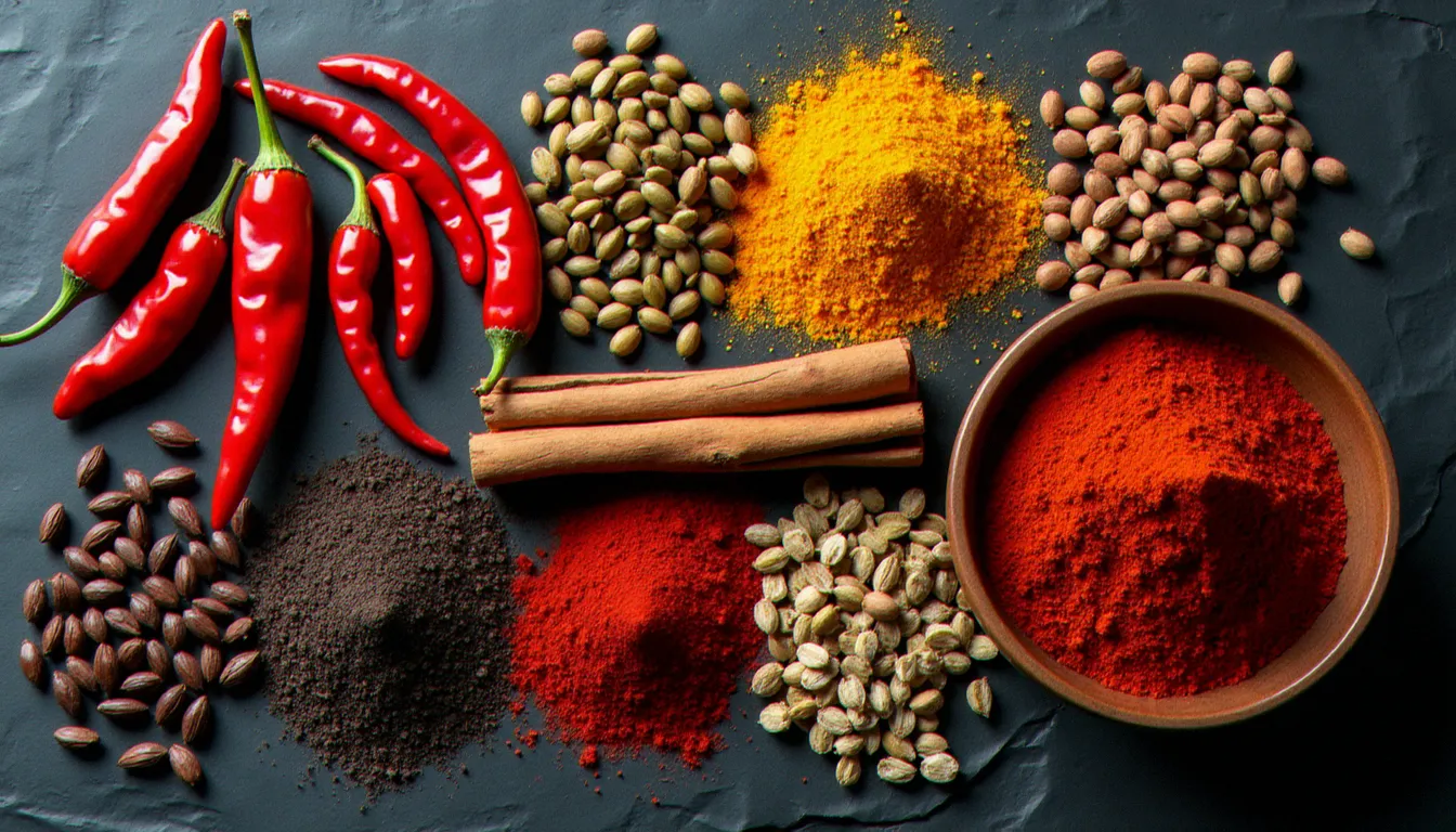 Assortiment d'épices éthiopiennes entières utilisées dans les recettes éthiopiennes traditionnelles, dont berbéré moulu, piments séchés, korarima et fenugrec, disposés sur ardoise sombre