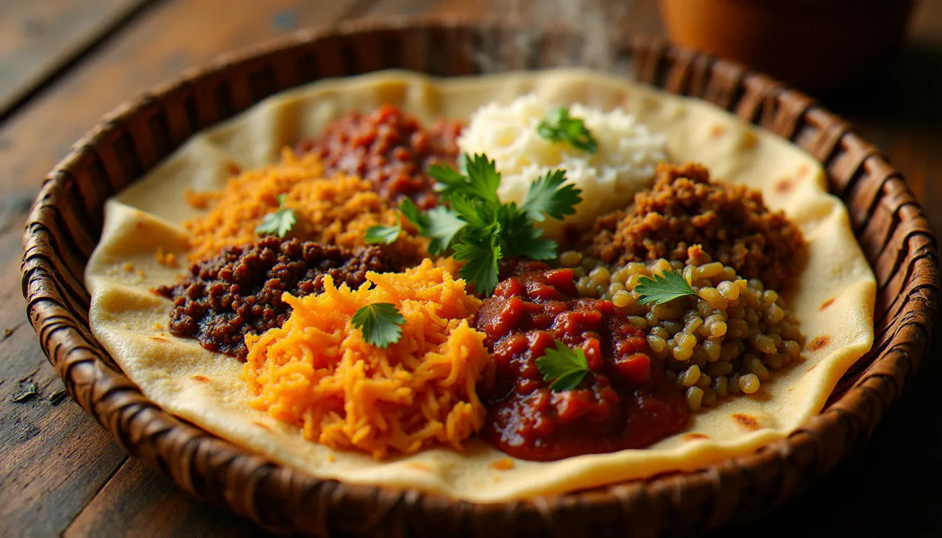 Grand plateau éthiopien traditionnel avec injera garnie de recettes éthiopiennes variées dont doro wat et misir wat, présentation communautaire authentique