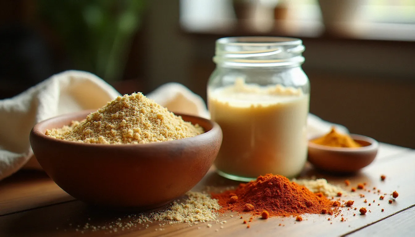Farine de teff brute et pâte d'injera en fermentation dans des récipients artisanaux, ingrédients de base de la cuisine éthiopienne