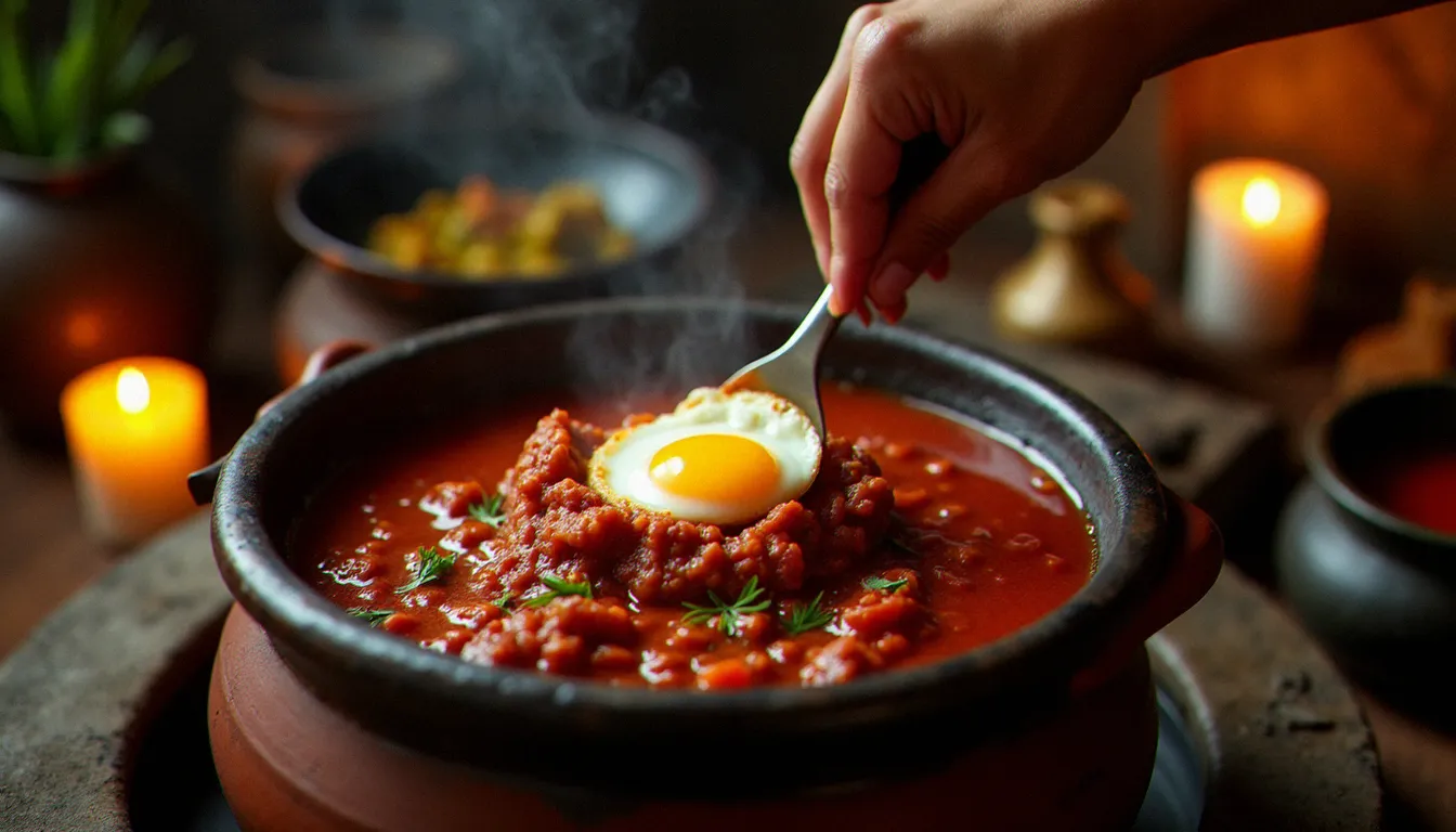 Préparation du doro wat éthiopien dans une marmite en argile, avec œuf dur plongé dans la sauce rouge épicée au berbéré