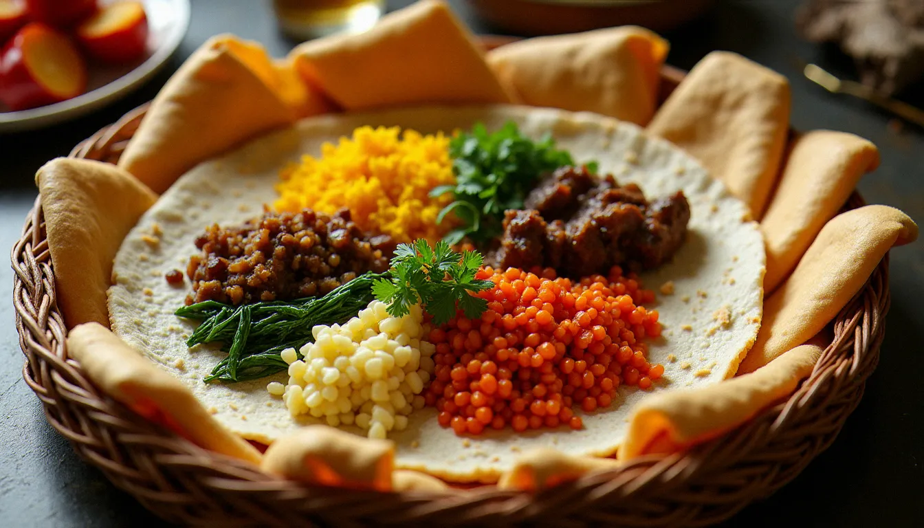 Grand plateau éthiopien traditionnel avec injera, doro wat, lentilles misir et légumes gomen, représentatif des recettes de la cuisine éthiopienne