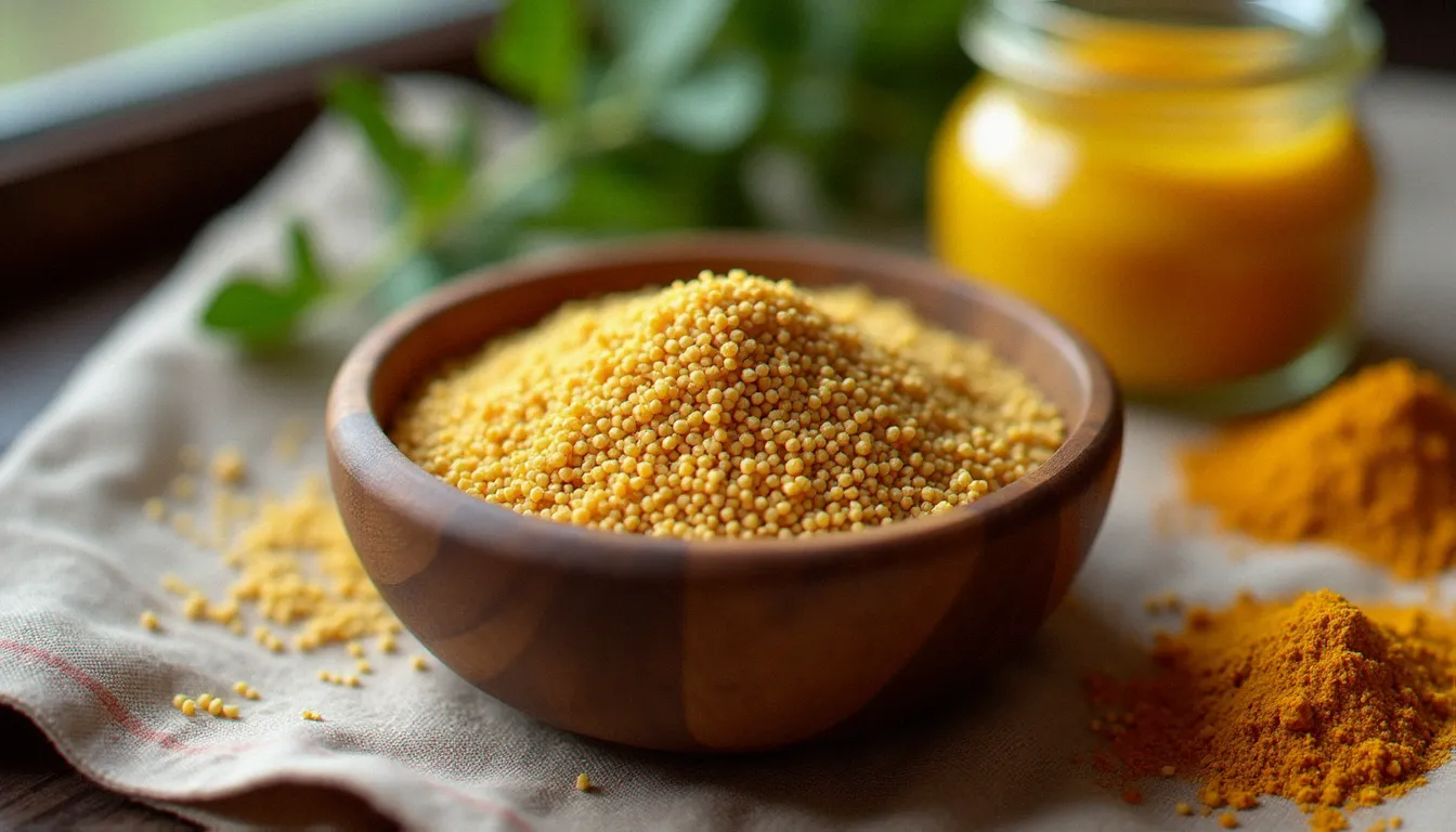Ingrédients essentiels des recettes éthiopiennes : grains de teff, berbéré en poudre et niter kibbeh dans des récipients en bois