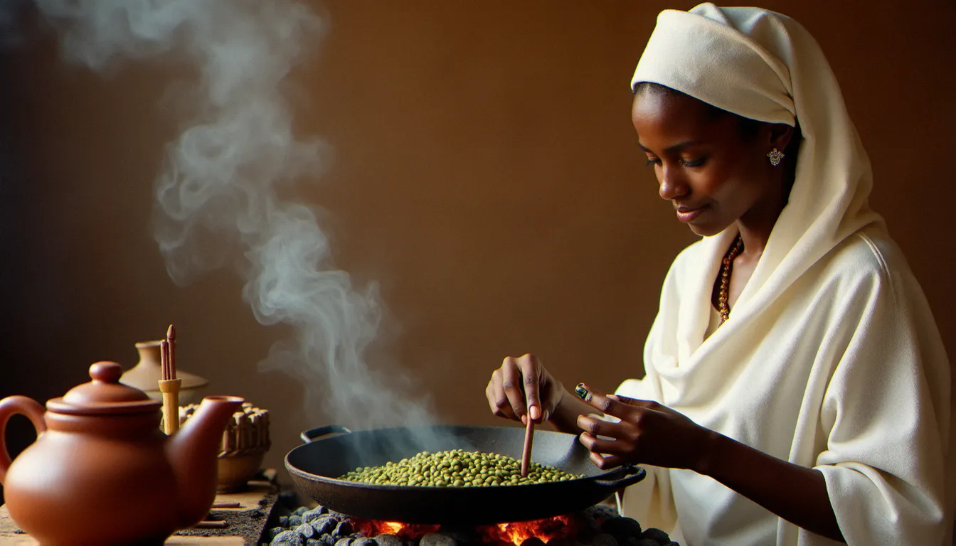 Cérémonie du café éthiopien traditionnelle avec torréfaction des grains dans une poêle en fer et jebena en terre cuite au premier plan