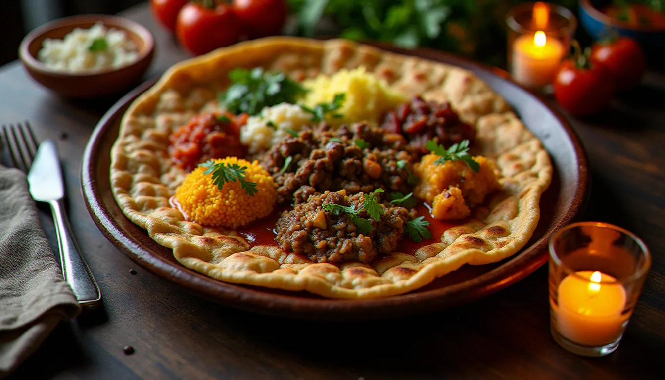 Plateau gebeta de recettes de cuisine éthiopiennes traditionnelles avec injera et plusieurs wot colorés vus de dessus