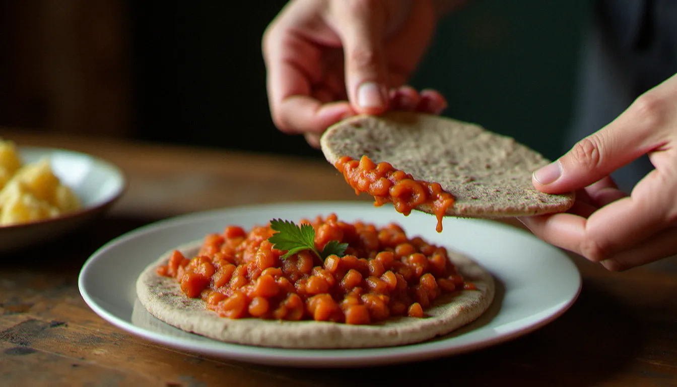 Mains déchirant un morceau d'injera pour saisir du misir wat aux lentilles rouges, illustrant la façon de manger éthiopienne à mains nues