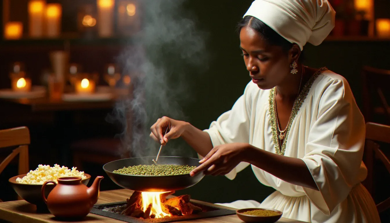 Cérémonie du café éthiopien jebena buna dans un restaurant éthiopien parisien, avec torréfaction des grains sur braise et cafetière en argile traditionnelle