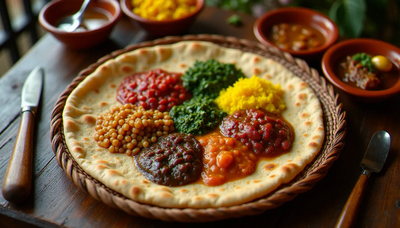 Grande injera éthiopienne garnie de wot variés dans un restaurant africain éthiopien à Paris, servie sur un mesob tressé traditionnel