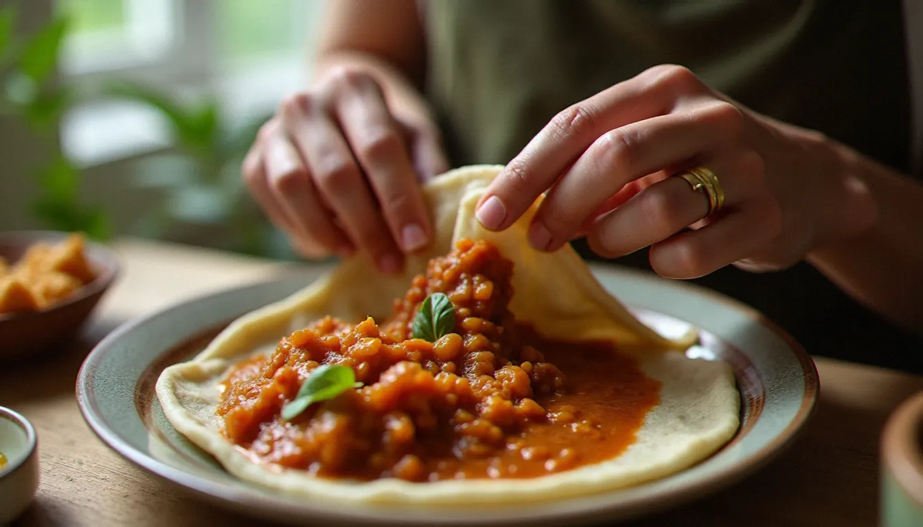 Mains déchirant de l'injera pour saisir du misir wot, geste typique du repas partagé dans la cuisine éthiopienne
