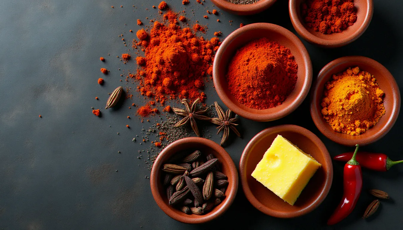 Assortiment d'épices éthiopiennes en coupelles : berbéré, mitmita, korarima et niter kibbeh, ingrédients fondamentaux de la cuisine éthiopienne