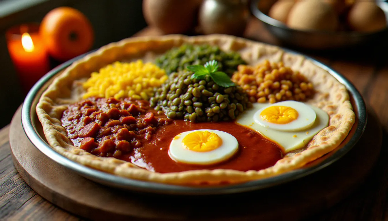Grand plateau éthiopien traditionnel garni d'injera et de divers ragoûts colorés, plats typiques d'un restaurant cuisine éthiopienne