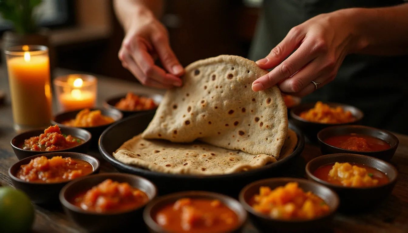 Gros plan sur des mains déchirant un morceau d'injera pour attraper un ragoût épicé dans un restaurant éthiopien traditionnel