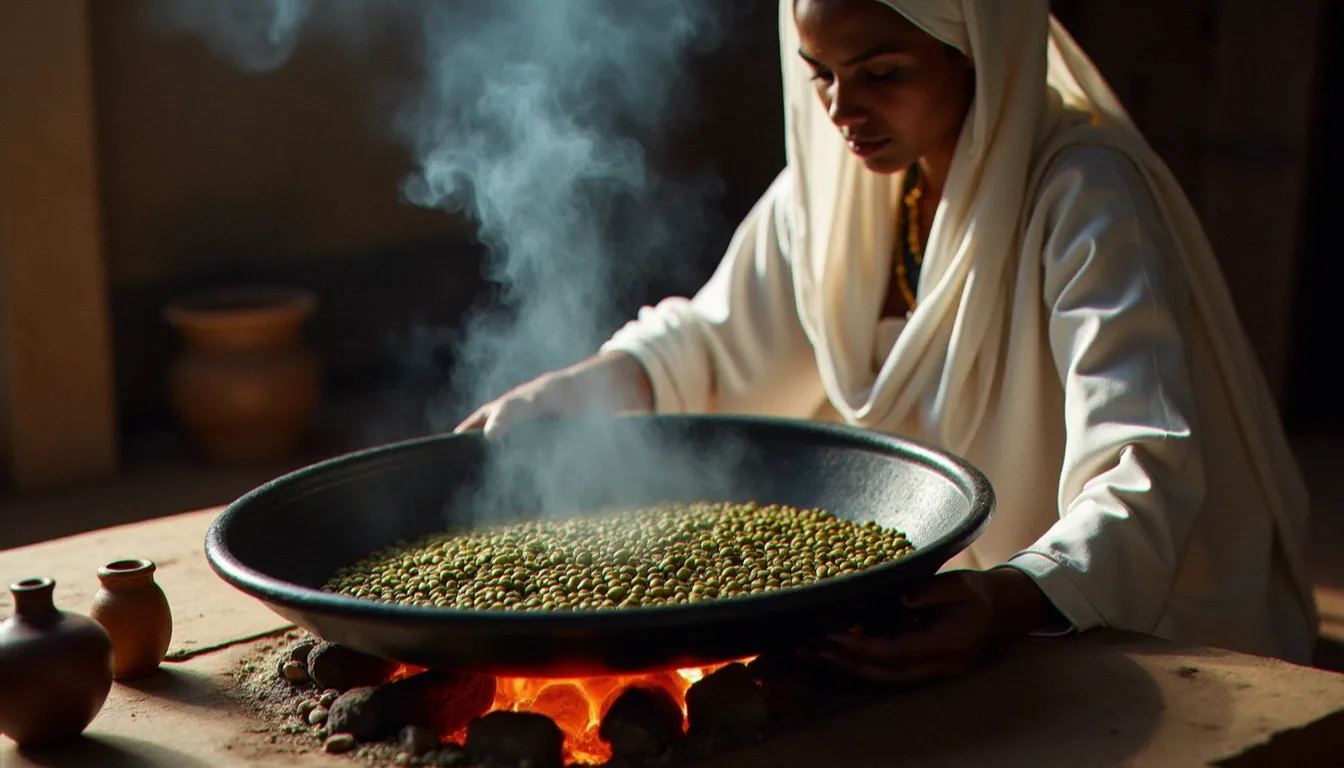 Cérémonie du café éthiopien avec une femme en tenue traditionnelle faisant torréfier des grains verts dans une poêle plate, avec une jebena en argile posée à côté
