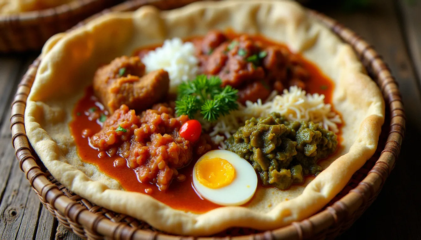 Plateau traditionnel d'un restaurant éthiopien avec une injera garnie de wot aux lentilles, doro wot et légumes épicés disposés sur un mesob tressé
