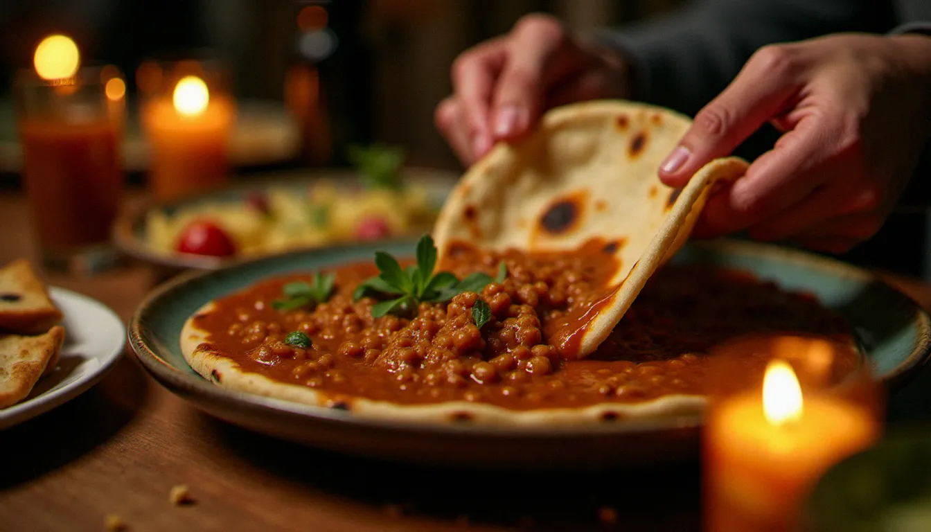 Mains déchirant l'injera pour saisir un ragoût de lentilles rouges lors d'un repas partagé dans un restaurant éthiopien