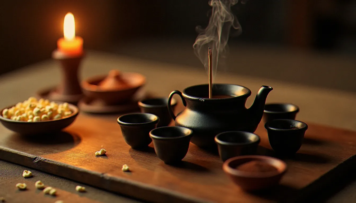 Cérémonie du café éthiopien avec jebena en argile et petites tasses traditionnelles disposées en cercle, ambiance chaleureuse de restaurant éthiopien