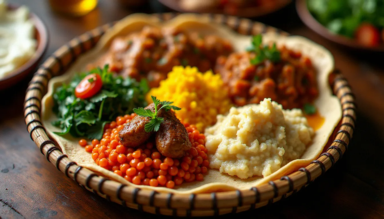 Plateau éthiopien traditionnel avec injera et plusieurs wats colorés, typique d'un restaurant éthiopien à Paris 11