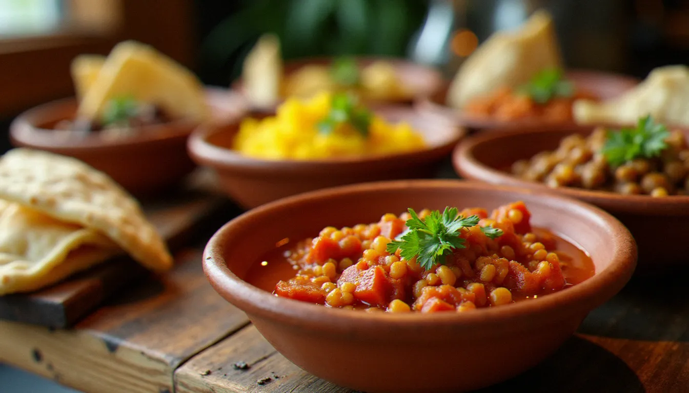 Détail des différents plats éthiopiens servis dans des bols en terre cuite accompagnés d'injera déchirée, représentant un menu typique de restaurant éthiopien Paris 18