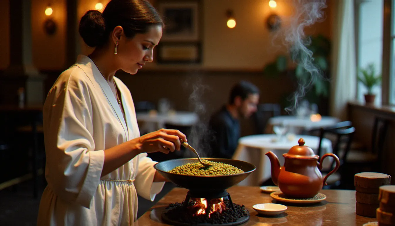 Cérémonie du café éthiopien dans un restaurant du 18e arrondissement de Paris, avec torréfaction des grains et jebena en argile traditionnelle