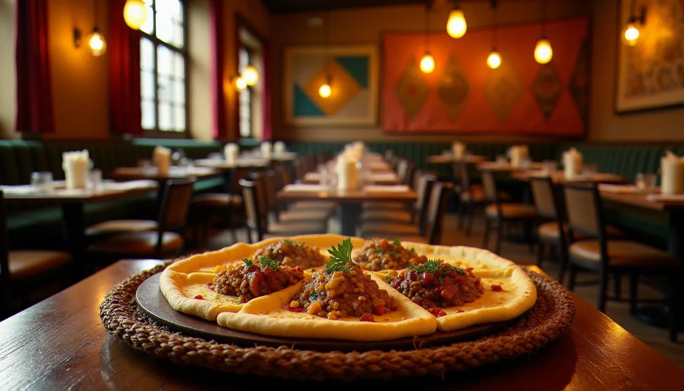 Grand plateau éthiopien traditionnel avec injera, doro wat et beyaynetu dans un restaurant éthiopien du 18e arrondissement de Paris