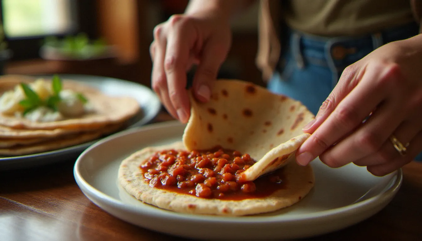 Mains déchirant l'injera pour attraper du misir wot, ragoût de lentilles rouges au berbéré, lors d'un repas végétarien éthiopien traditionnel
