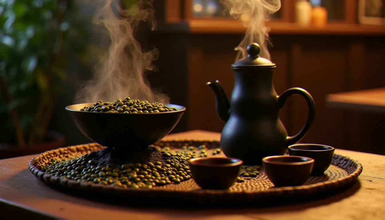 Cérémonie du café éthiopien avec jebena en argile et grains torréfiés, moment traditionnel clôturant un repas dans un restaurant éthiopien à Paris