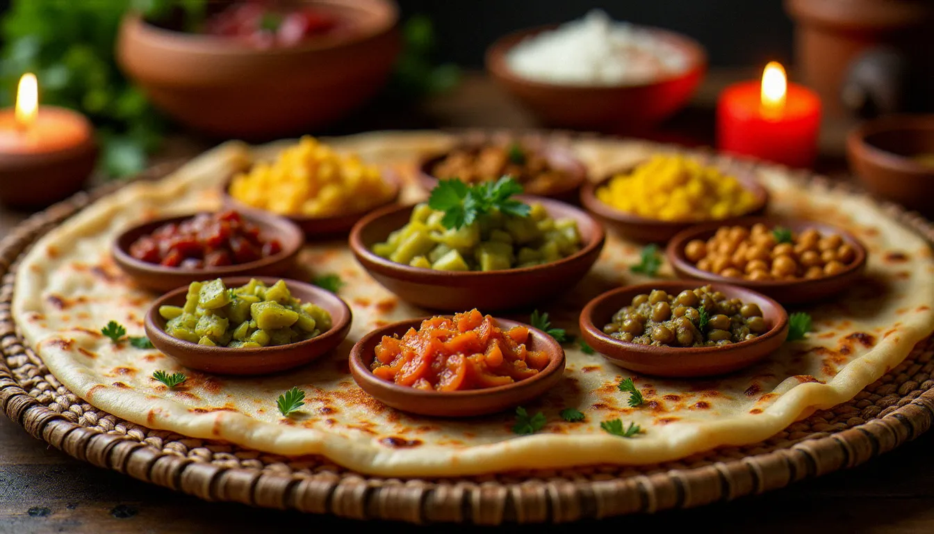 Grand plateau beyaynetu végétarien éthiopien avec injera et six préparations de légumineuses et légumes épicés, servi dans un restaurant éthiopien végétarien à Paris