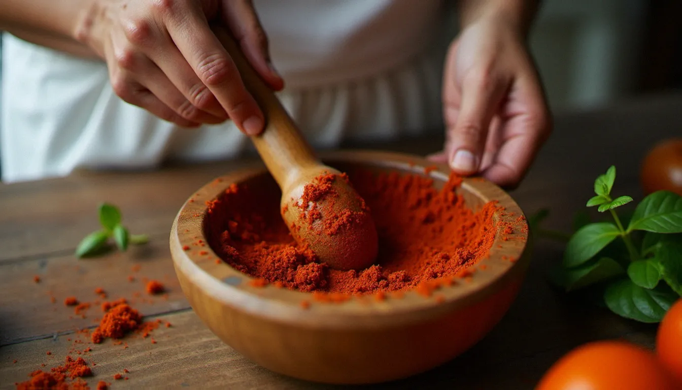 Mortier en bois contenant une pâte de berbéré fraîchement pilée, avec des mains féminines tenant le pilon dans une cuisine traditionnelle éthiopienne