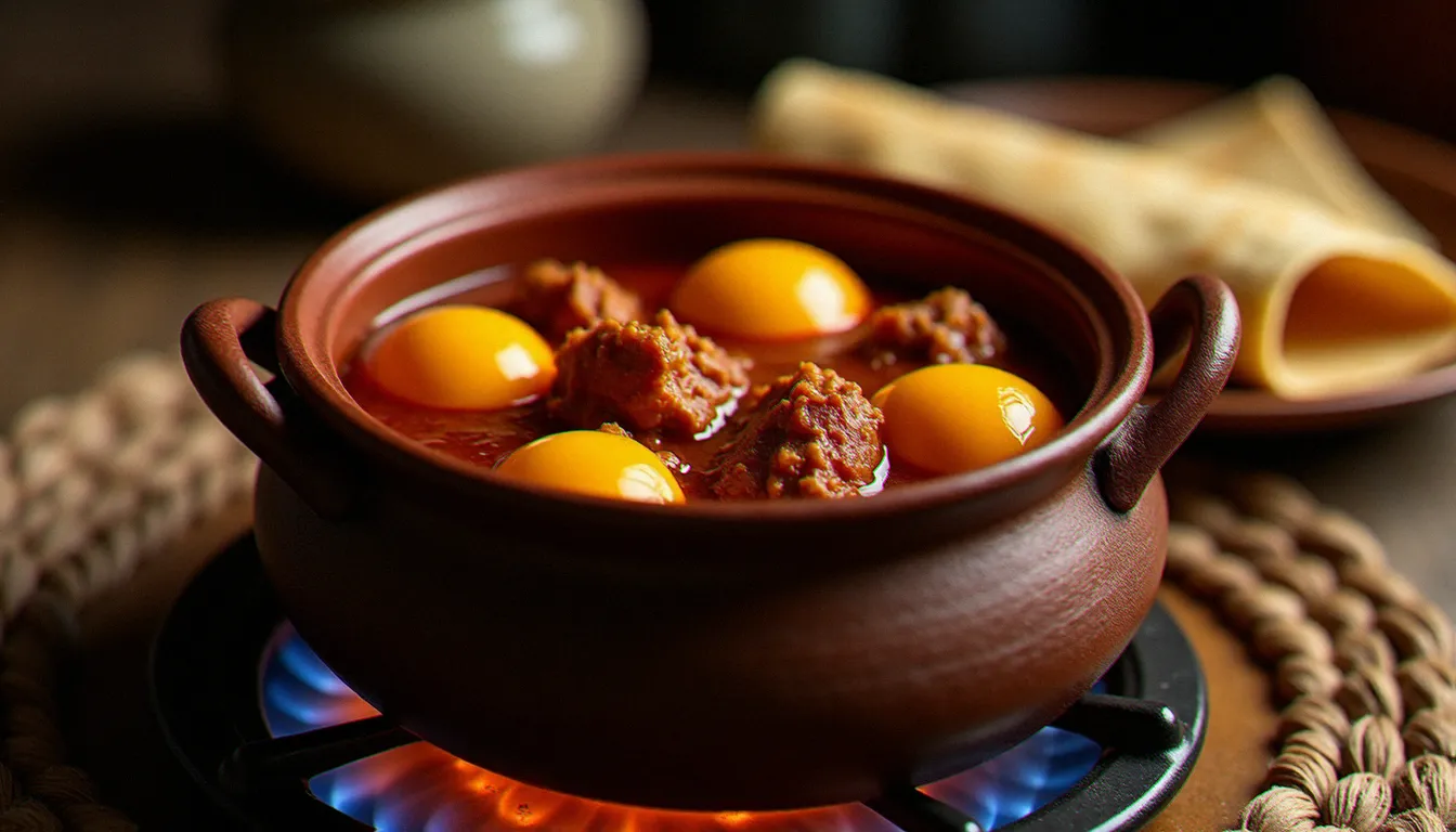 Marmite en terre cuite avec un doro wot au berbéré en train de mijoter, œufs durs et morceaux de poulet dans une sauce rouge profonde, servi avec de l'injera roulée sur une assiette en osier éthiopienne