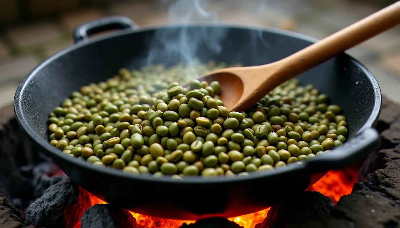 Grains de café éthiopien verts en train d'être torréfiés à la main dans une poêle en fer sur des braises, étape fondamentale de la préparation du café éthiopien traditionnel