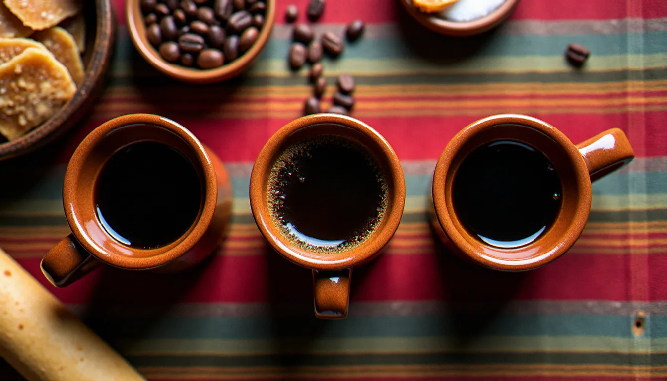 Vue de dessus des trois services du café éthiopien traditionnel — Abol, Tona et Baraka — présentés dans des tasses sini sur un tissu tissé éthiopien coloré