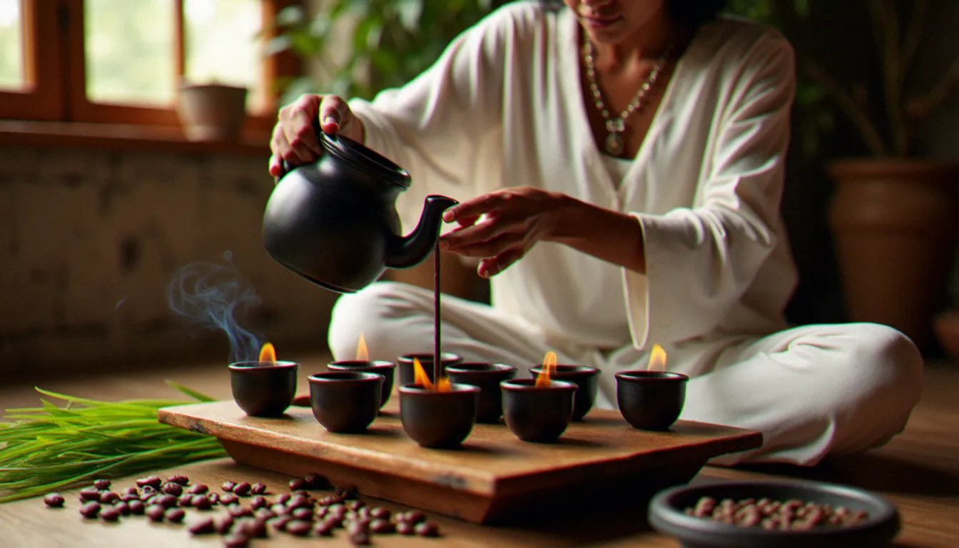 Femme éthiopienne en tenue traditionnelle versant du café éthiopien traditionnel depuis un jebena en argile dans des petites tasses sini lors d'une cérémonie du café