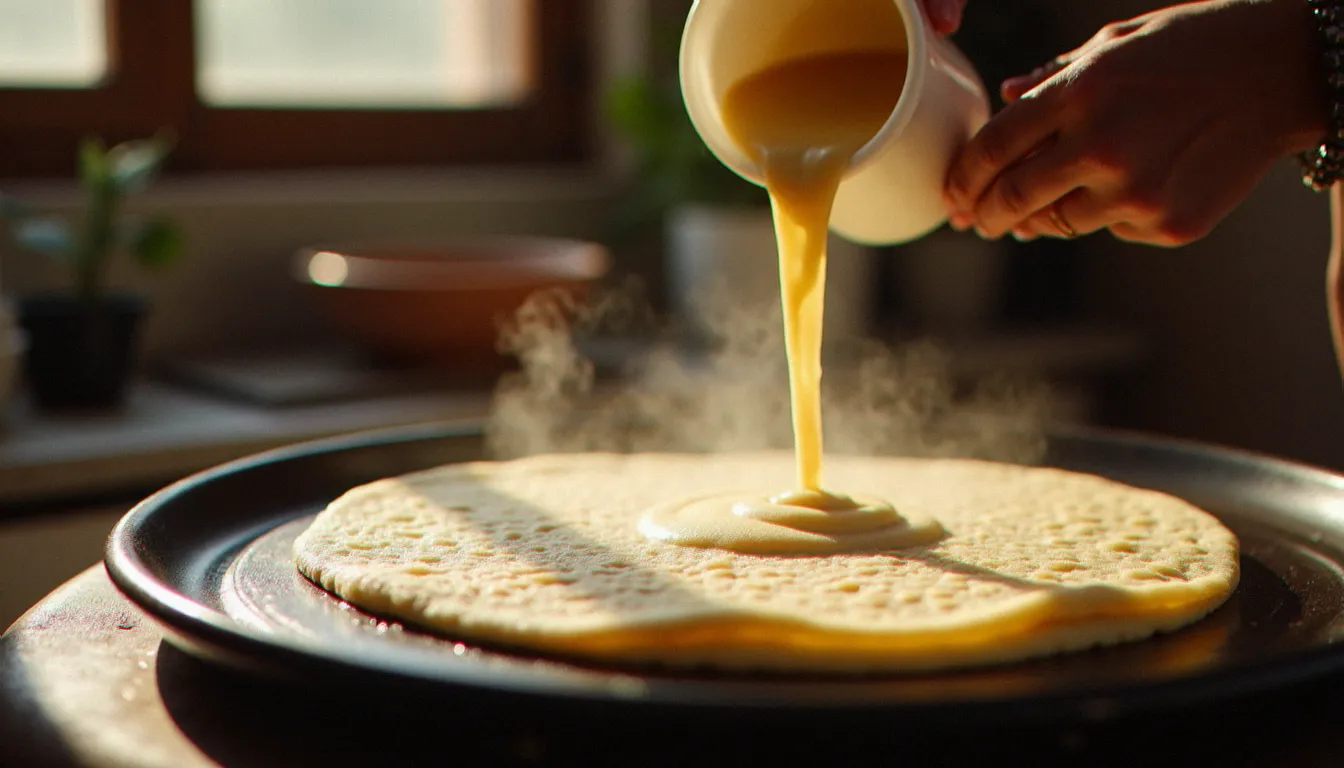 Préparation de l'injera éthiopienne sur une plaque mitad traditionnelle, élément central du menu d'un restaurant éthiopien