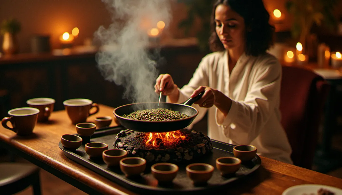 Cérémonie du café éthiopien dans un restaurant, torréfaction des grains à table avec les petites tasses traditionnelles