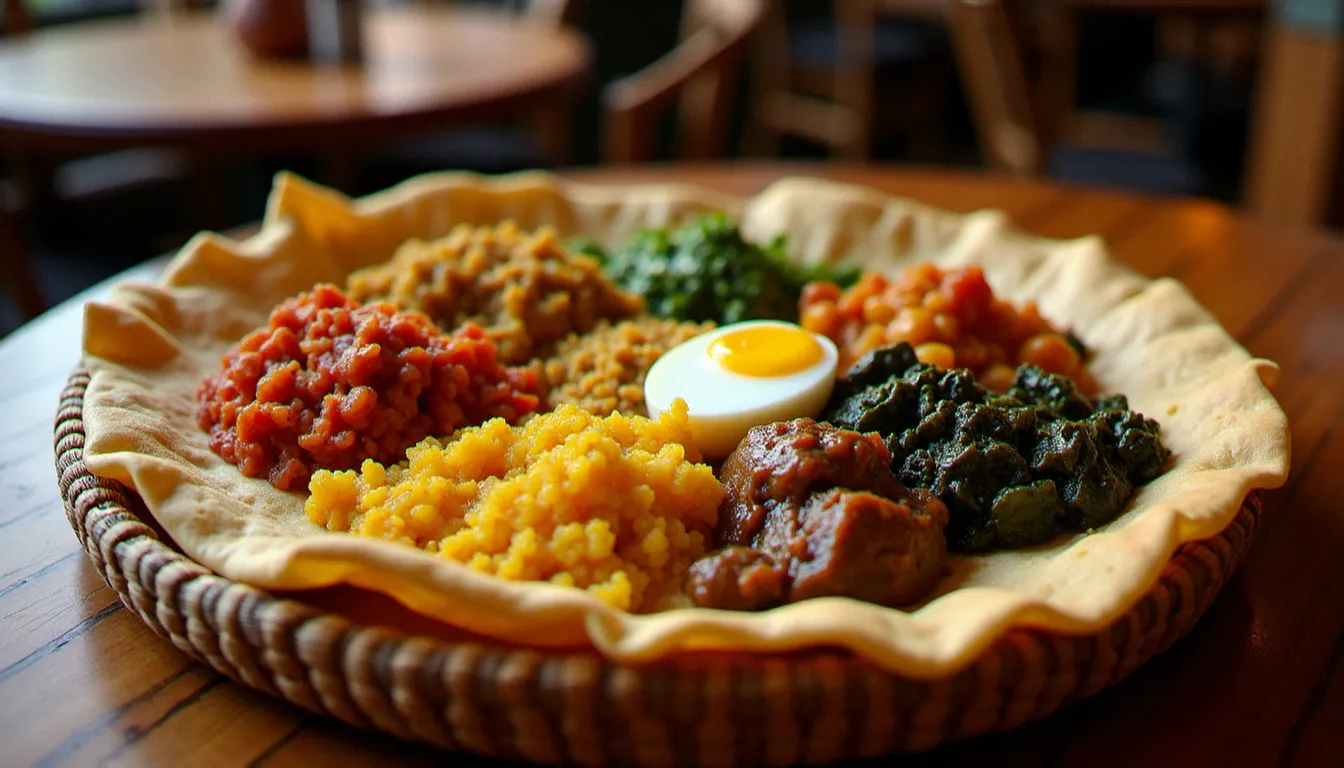 Grand plateau éthiopien de restaurant présentant le menu traditionnel avec injera et plusieurs wats colorés disposés en cercle