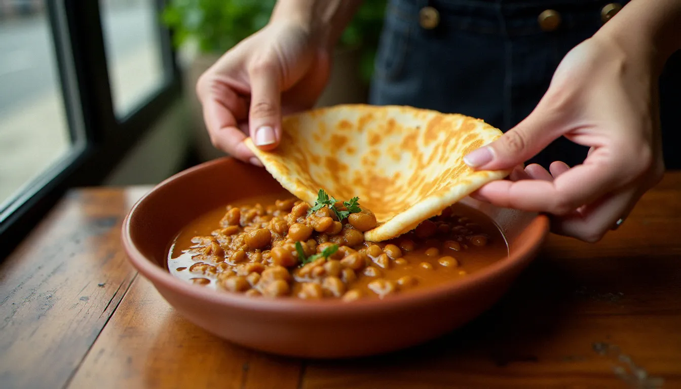 Mains déchirant de l'injera au-dessus d'un misir wot aux lentilles rouges dans un restaurant éthiopien parisien, lumière naturelle