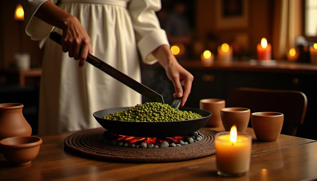 Cérémonie du café éthiopien dans un restaurant parisien, avec grains de café torréfiés à la main et jabena en argile posée sur une natte tressée