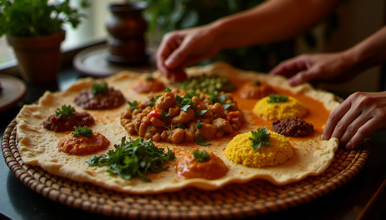 Plateau éthiopien traditionnel avec injera et plusieurs wot colorés dans un restaurant éthiopien à Paris, repas partagé en famille autour d'une mesob