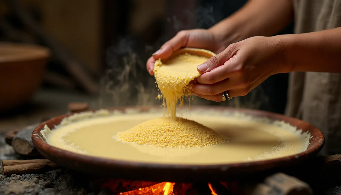 Cuisson traditionnelle de l'injera sur une mitad en argile, la pâte de teff fermentée versée en spirale dégageant de la vapeur