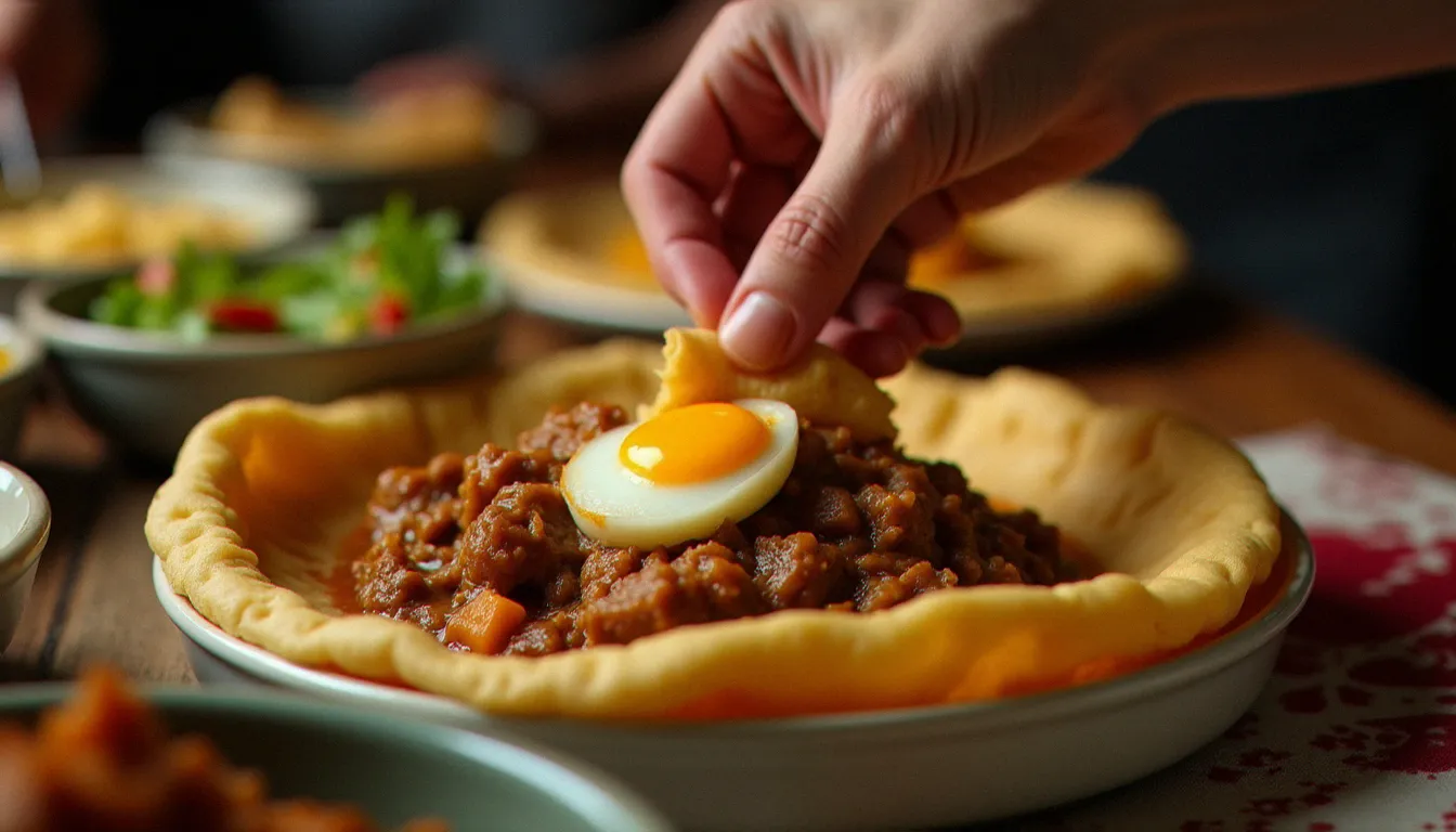 Main qui déchire un morceau d'injera pour saisir du doro wat lors d'un repas communautaire éthiopien traditionnel
