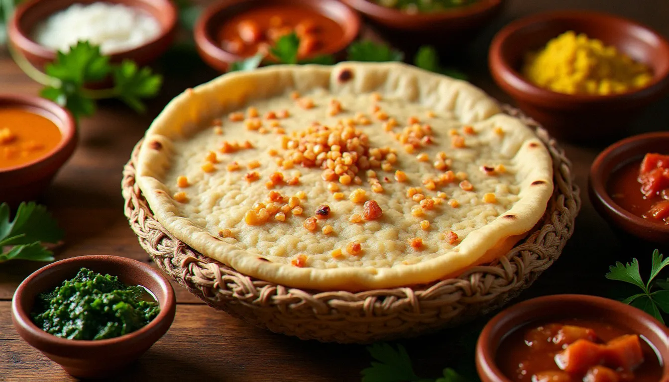 Plat éthiopien injera servi sur un panier en osier avec plusieurs accompagnements dont des lentilles épicées et du chou kale