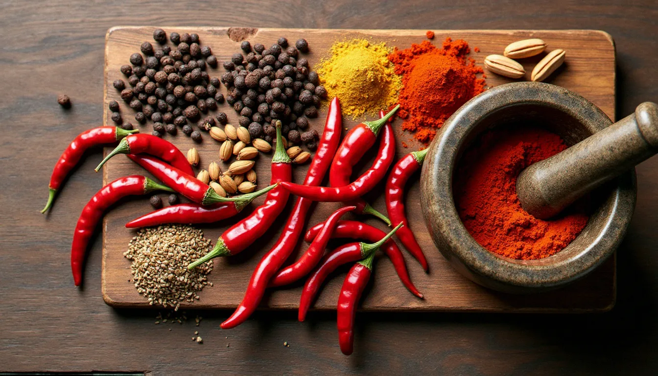 Ingrédients du mélange d'épices berbéré disposés sur une planche en bois : piments séchés, poivre noir, cardamome, clous de girofle, cannelle et coriandre, essentiels pour la recette doro wat éthiopien