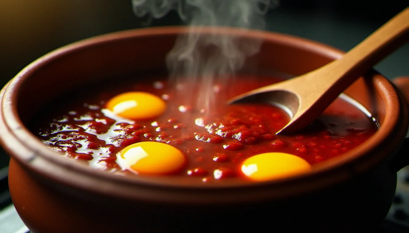 Gros plan sur une marmite en argile avec le doro wat qui mijote doucement, œufs durs entiers visibles dans la sauce rouge épicée, vapeur s'échappant du ragoût éthiopien traditionnel